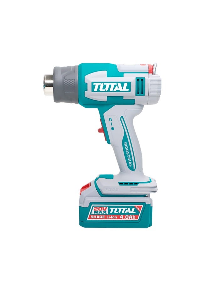 TOTAL Cordless Heat Gun 20V, LCD Display Temperature Control 30-550°C, 2 Speed Airflow 100/200 L/min, with 5.0Ah Battery, Charger, 3 Nozzles, Scraper, Carrying Case - Image 4